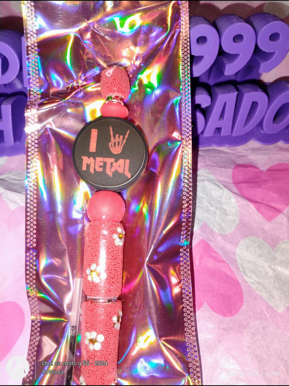Pink 'I Love Metal' Beaded Pen Grip Sleeve